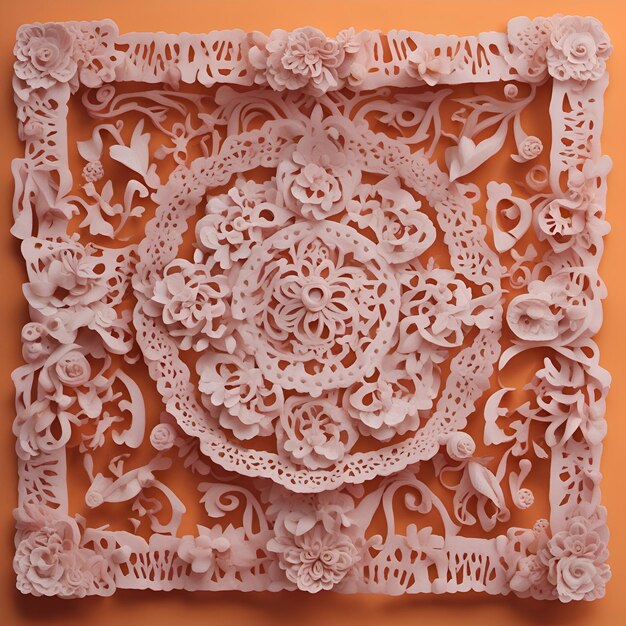 Decorative frame made of paper flowers on orange background top view