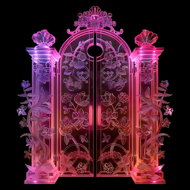 Photo decorative garden gate with floral designs and pink neon lig glowing object y2k neon art design