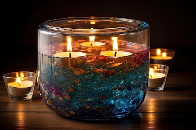 Decorative glass jar with multiple candles burning providing warm and inviting atmosphere