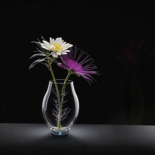 Decorative glowing flowers in a large transparent vase on a black background Generative AI
