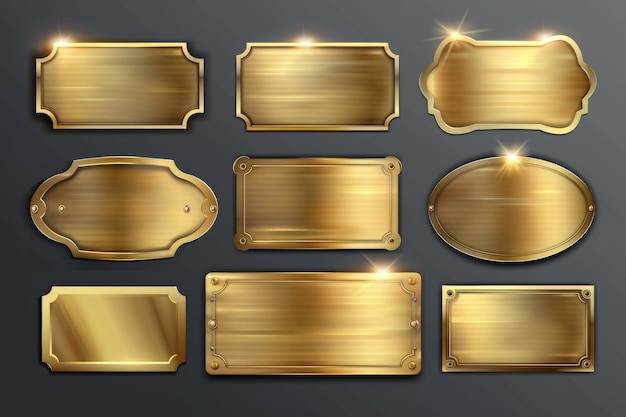 Photo decorative gold plate golden name plaque mockup isolated on transparent background realistic 3d modern set with round oval and rectangular frames for nameplates