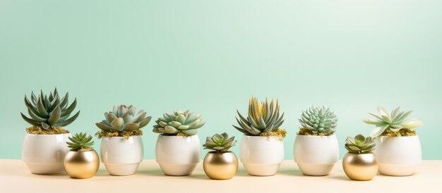 Foto succulenti artificiali verdi decorativi in vasi bianchi su sfondo dorato