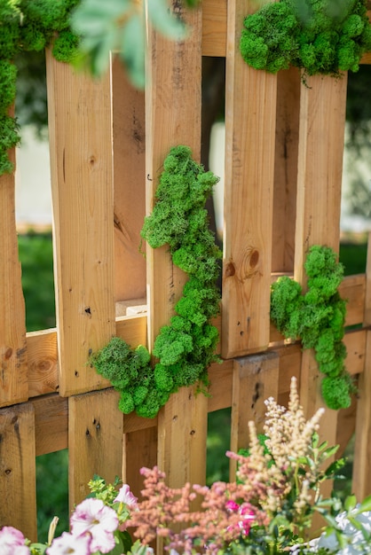 Decorative green moss on a wooden fence or wall Interior design
