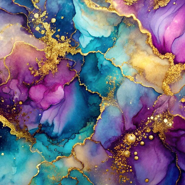 Photo decorative hand painted alcohol ink background with gold glitter