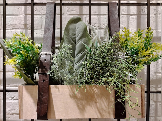 Decorative handmade pot with various plants hanging on the wall