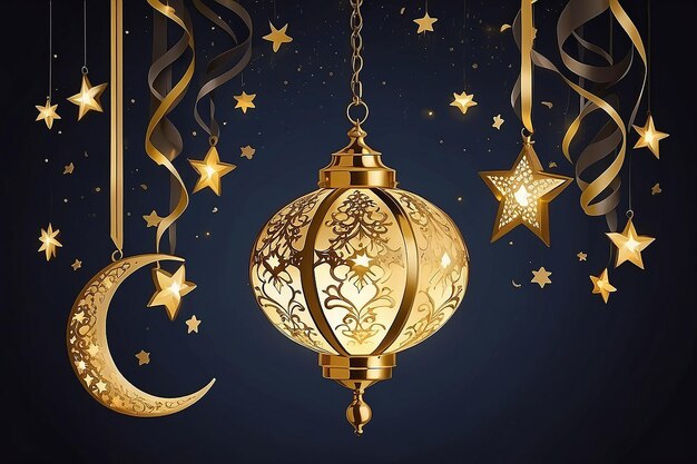 Photo decorative hanging lamp light lantern gold stars on ribbon and golden crescent moon