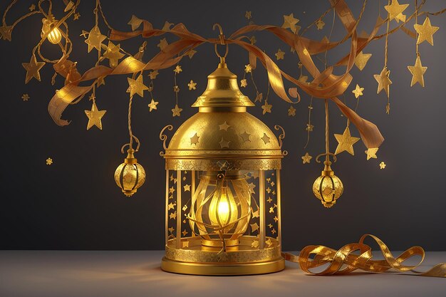 Decorative hanging lamp light lantern gold stars on ribbon and golden crescent moon