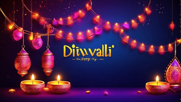 Decorative happy diwali banner with hanging lights