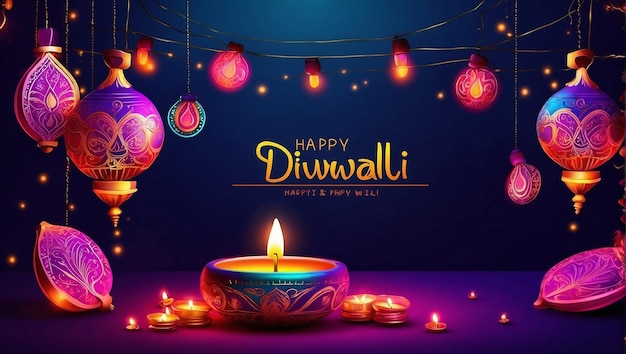 Decorative happy diwali banner with hanging lights