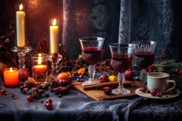 Decorative holiday table with mulled wine and festive candles created with generative ai