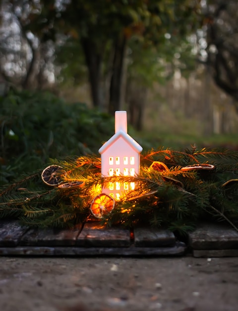 Decorative house lantern with burning candle in autumn park at evening.