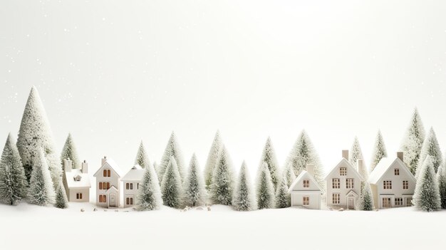 decorative houses and vibrant green fir Christmas branches on a white wooden background Craft a composition or scene in a modern minimalist style capturing the simplicity and holiday spirit