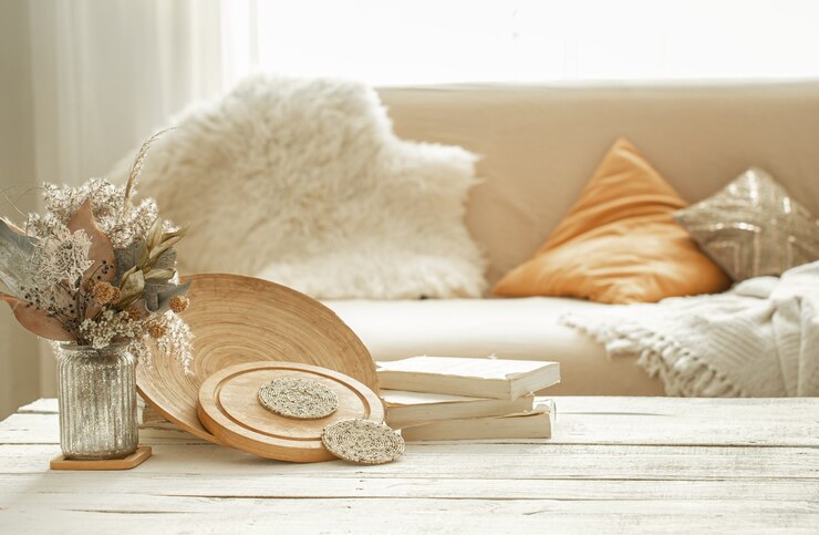 Photo decorative items in the cozy interior of the room , a vase with dried flowers on a light wooden table.