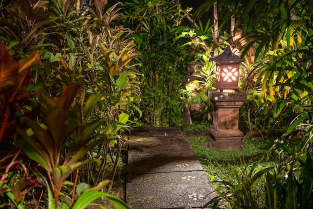 Decorative lamp on the stone pillar next to the path in the tropical garden at night Island Bali Indonesia Nature concept