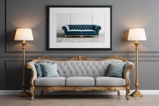 Decorative lamp with empty frame and sofa