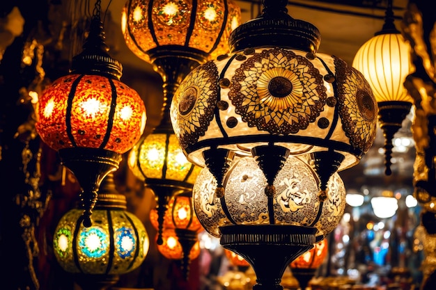 Decorative lamps and chandeliers with globes in old middle eastern market