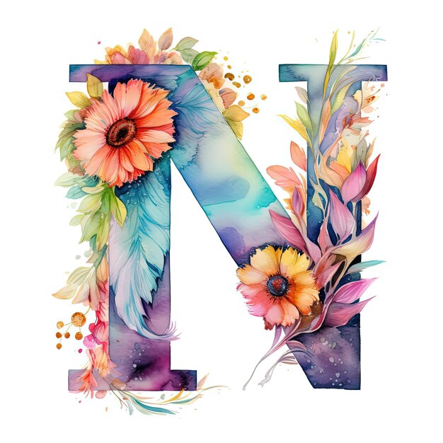 Photo decorative letter n with floral splashes in the style of detailed feather rendering