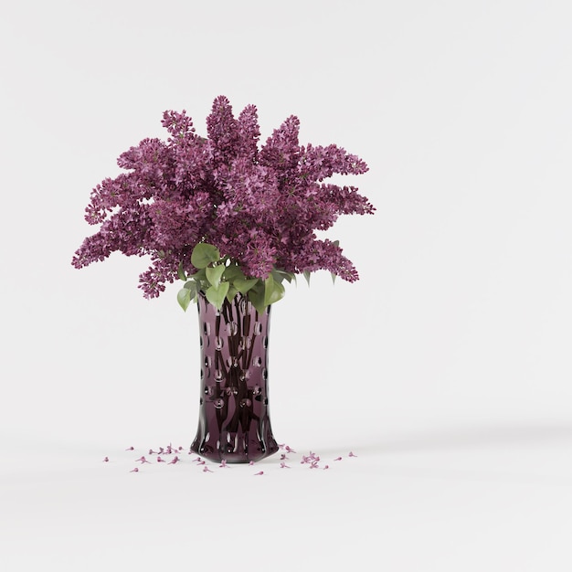 Decorative lilac violet in glass pink vase isolated on white background.