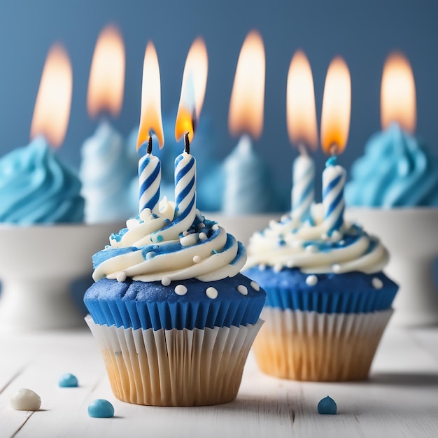 decorative lit candles on muffins with star sprinkles