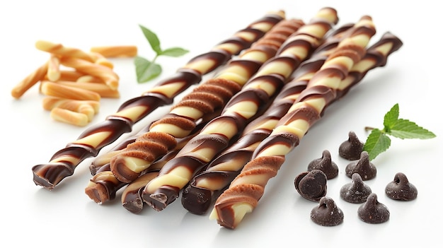 写真 白い背景に装飾的な長いストライプのチョコレートとバニラクッキー ローリングウォーファースティックの近代的なイラスト 脆いデザート 砂糖のスナック 脆い甘いストロー