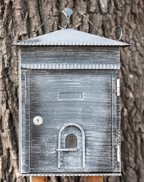 Decorative mailbox hanging on a tree.