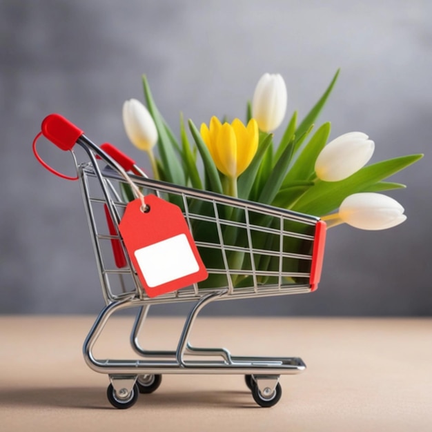 Decorative metal cart with flowers and tag Sale concept