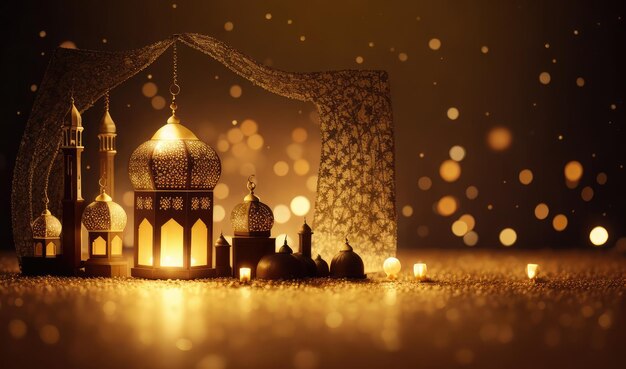 Decorative metal ornament traditional Arabic style lantern with candle on a blurry bokeh night bac