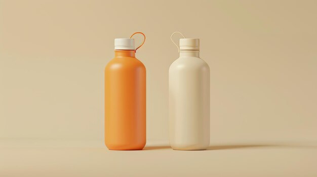 Decorative mock ups of 3D illustrated water bottles each one with a gradient of orange and beige