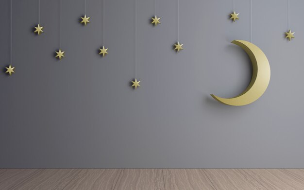 Decorative moon and stars in the dark room. 