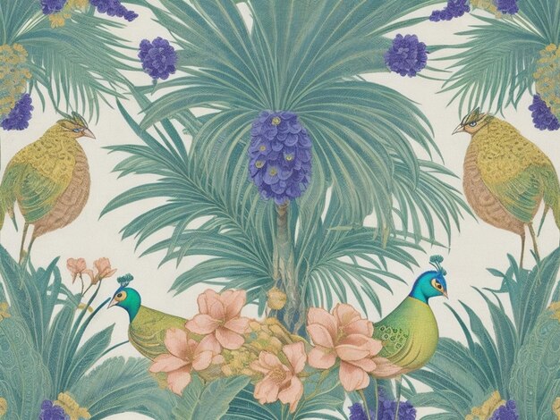 Photo decorative moroccan pattern with palm tree plant bird peacock illustration for wallpaper