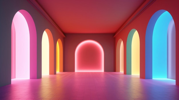 Decorative neon room with a tunnel Generative AI