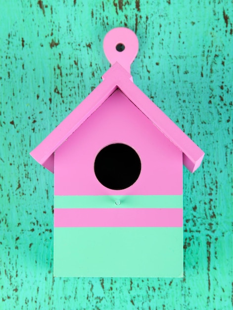 Decorative nesting box on color wooden background