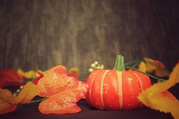 Decorative orange pumpkins on display in Halloween Vintage style Interior and Halloween day concept