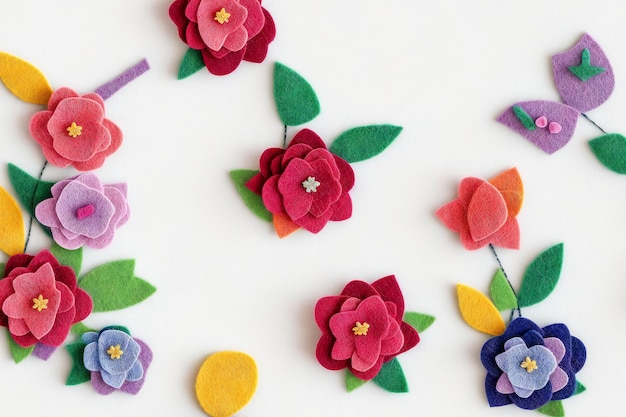 Decorative ornaments in the form of flowers are made of colored felt and wool