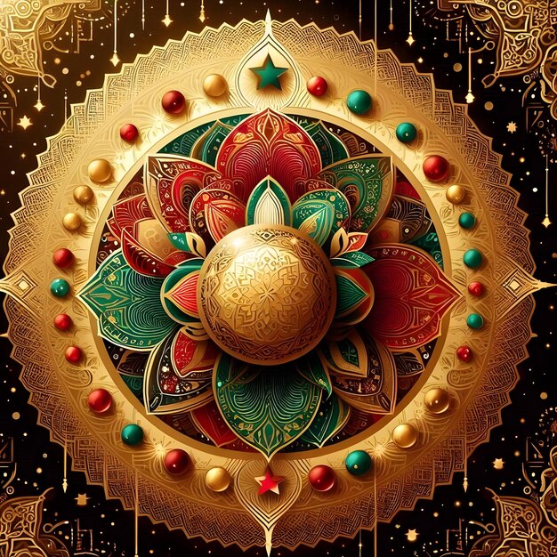 a decorative piece of art with a gold ball and a red and green bead