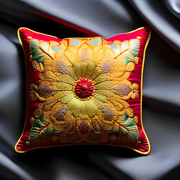 A decorative pillow with a red flower on it