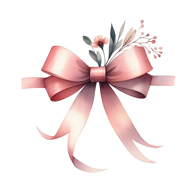 Decorative pink bow with long ribbon Accessory Hand drawn watercolor illustration