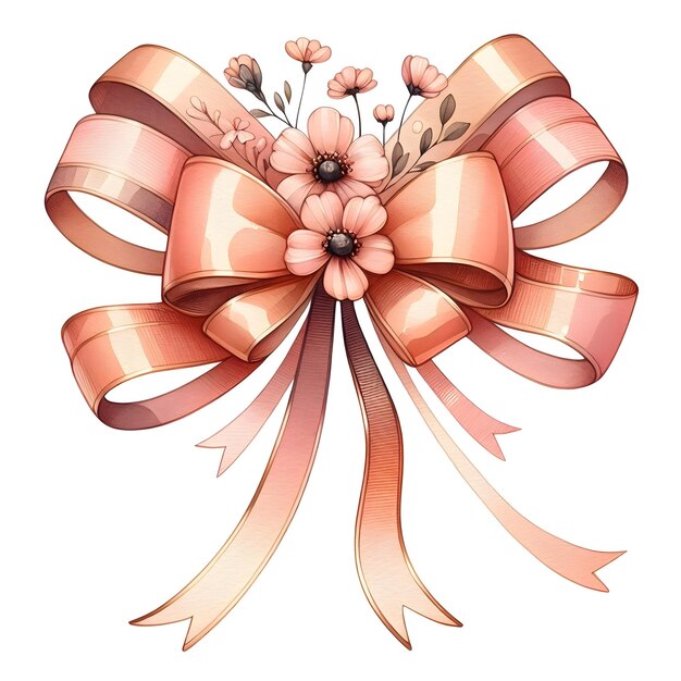 Декоративный розовый лук с длинной лентой Аксессуар Ручная акварельная иллюстрация