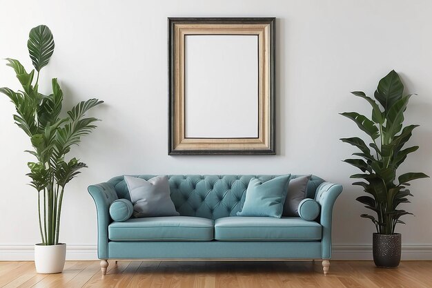 Decorative plant with empty frame and sofa