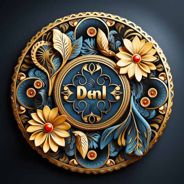 a decorative plate with a blue and yellow flower design on it
