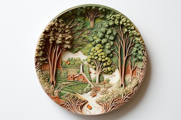 A decorative plate with a painting of a forest scene