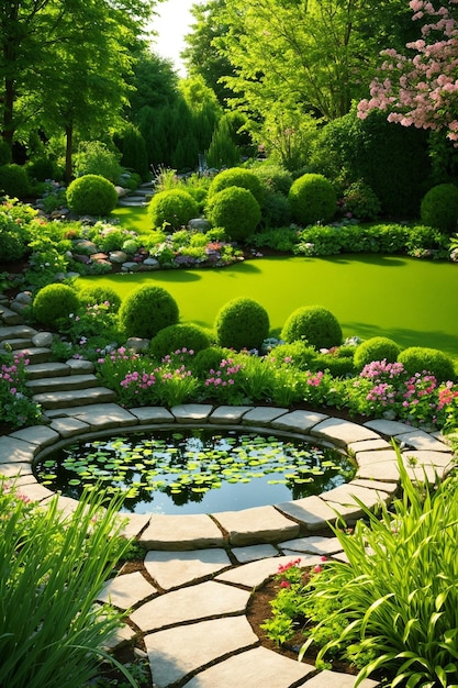 Decorative pond in the park Landscape design Generative AI