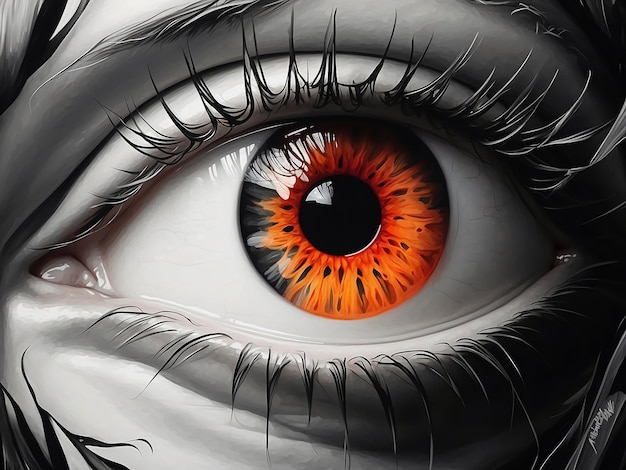Фото Декоративный красивый женский глаз с красным и оранжевым огненным радужной оболочкой в красивом художественном стиле