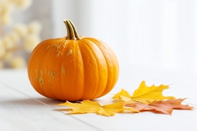 Decorative pumpkin background and dry autumn leaves on wooden arrangement indoors Halloween concept