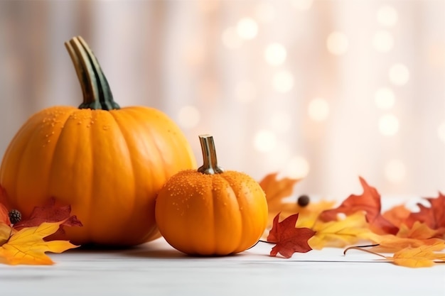 Decorative pumpkin background and dry autumn leaves on wooden arrangement indoors halloween concept