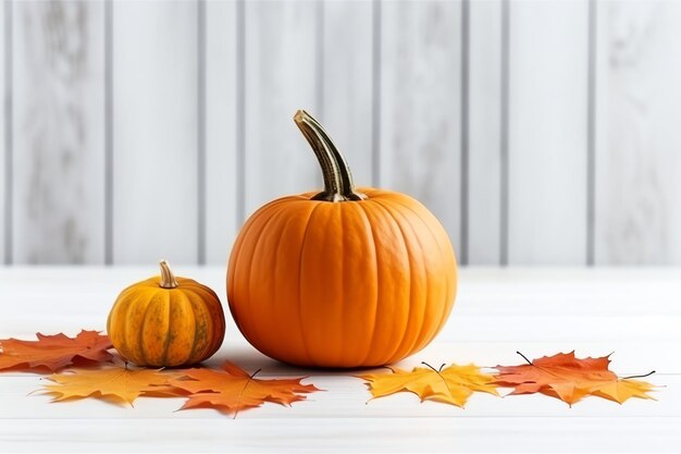 Decorative pumpkin background and dry autumn leaves on wooden arrangement indoors Halloween concept