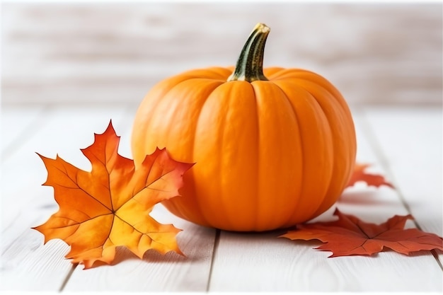 Decorative pumpkin background and dry autumn leaves on wooden arrangement indoors Halloween concept