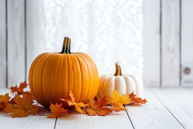 Decorative pumpkin background and dry autumn leaves on wooden arrangement indoors Halloween concept