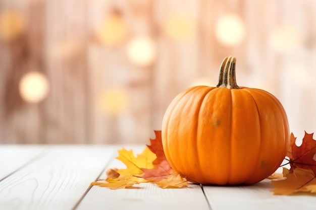 Decorative pumpkin background and dry autumn leaves on wooden arrangement indoors Halloween concept