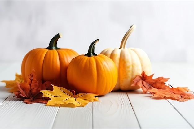 Decorative pumpkin background and dry autumn leaves on wooden arrangement indoors Halloween concept